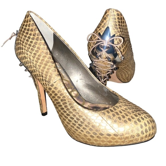 Sam Edelman Evan Snakeskin Gold Spike Heels Size 6 - Picture 6 of 15